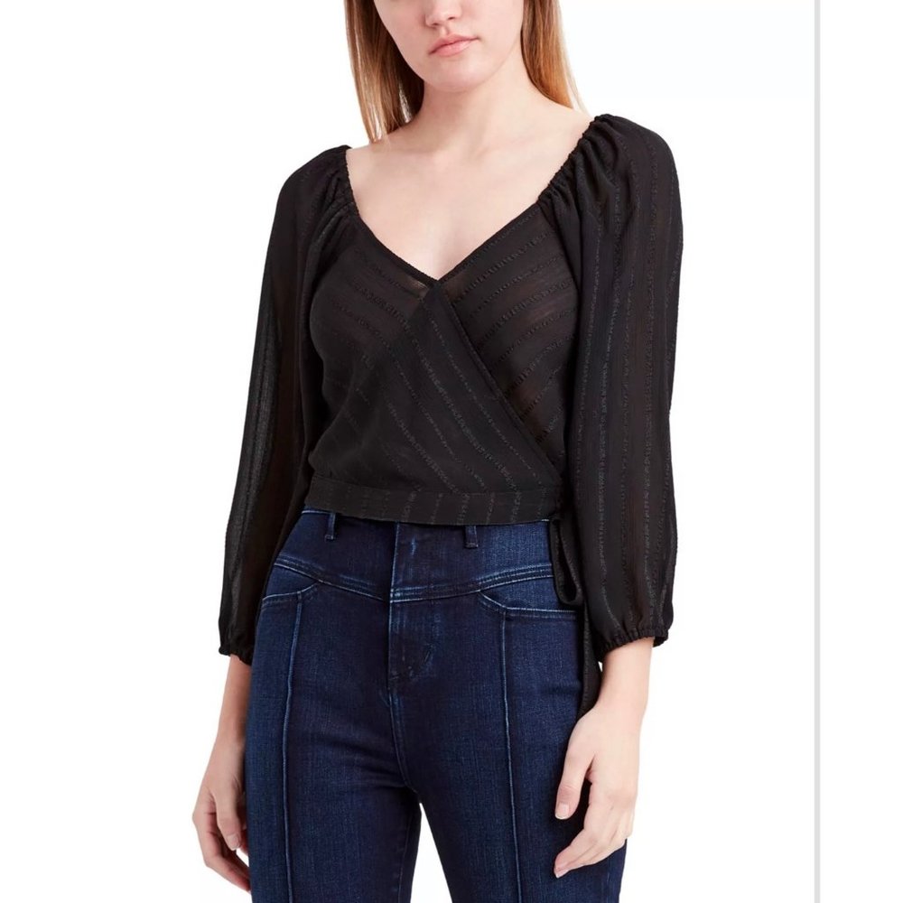 BCBGENERATION Shadow-Striped Wrap Top Long Sleeve Crop Top Black XXS